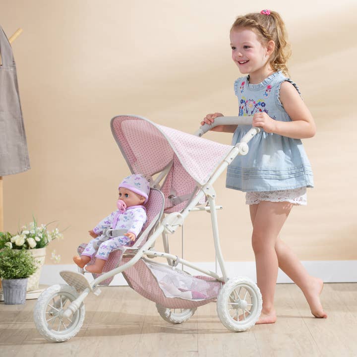 Pink Grey Polka Dots Princess Baby Doll Twin Jogging Stroller-Pink for wholesale on Faire