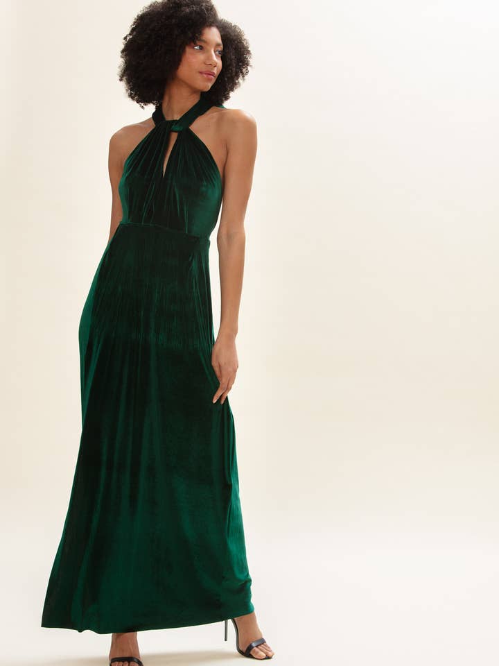 Forest Green Velvet Slit Dress for wholesale by Twobirds New York