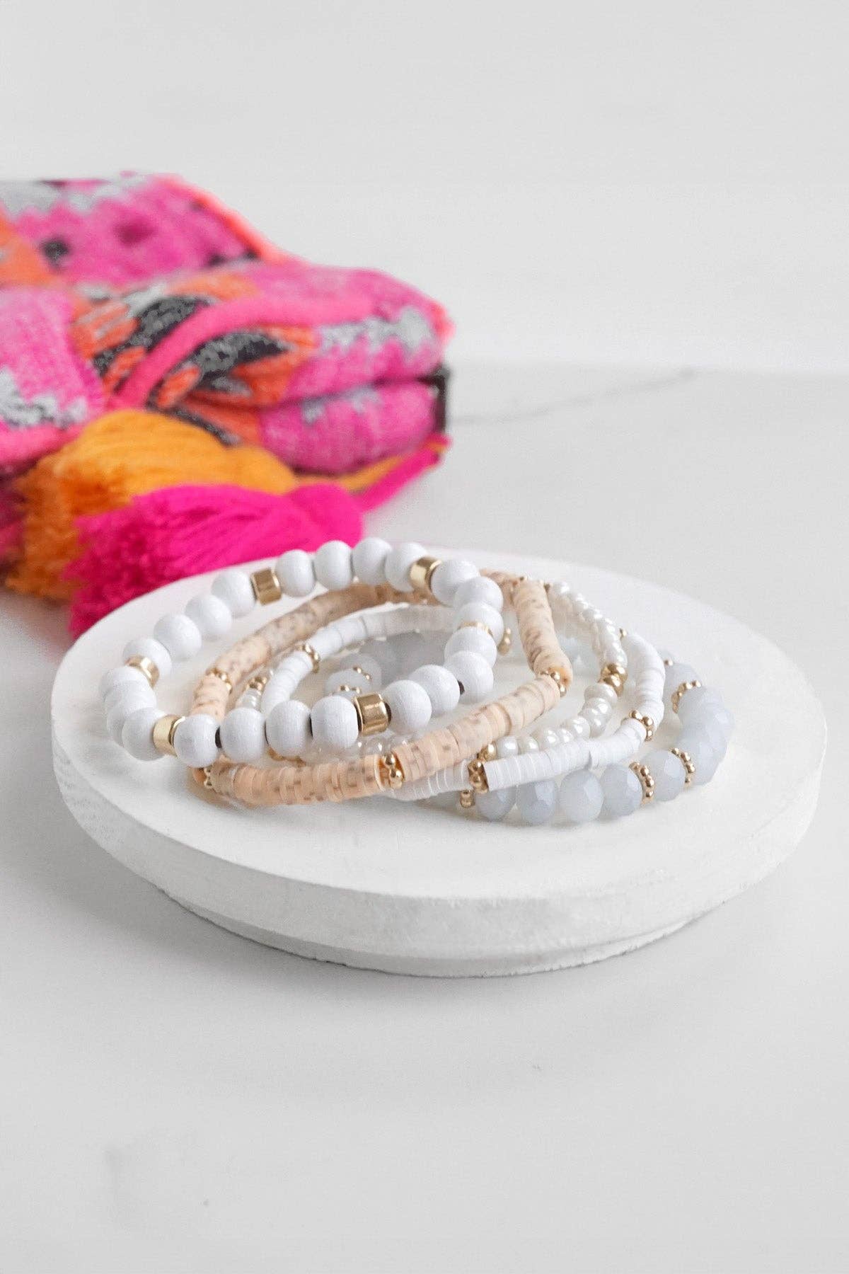 PennyLine inc - Wholesale Beaded Bracelet - Summer Fresh Neutrals stack clay glass wood beads bracelets set3