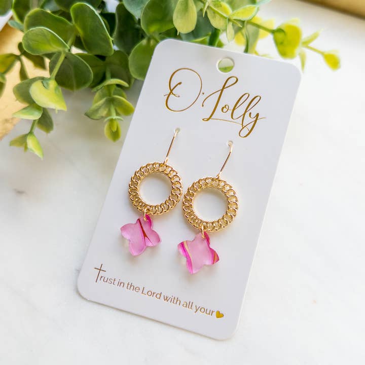 Deal- Gold Open Circle w/Pink Acrylic Shaped Dangle for wholesale by O’Lolly Jewelry