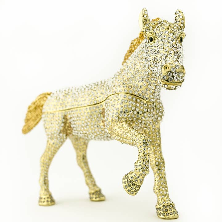 Large Golden Horse Decorated with White Crystals Trinket Box for wholesale by Keren Kopal