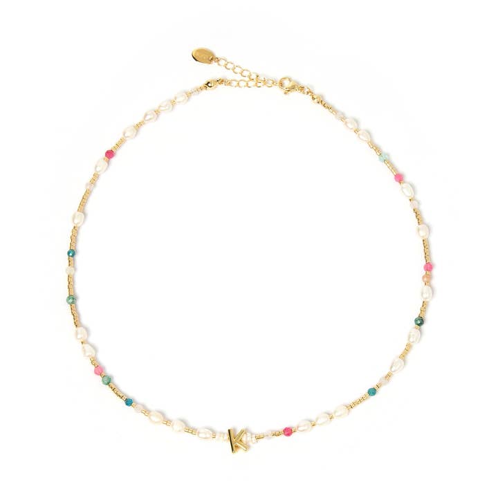Beaded Gemstone and Pearl Initial Necklace for wholesale by Arms Of Eve