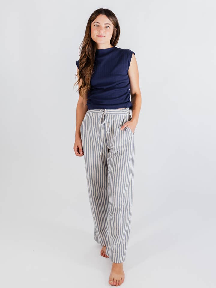 Mata Traders - Wholesale Pants - Women's - Emmy Drawstring Pant Pinstripe Blue