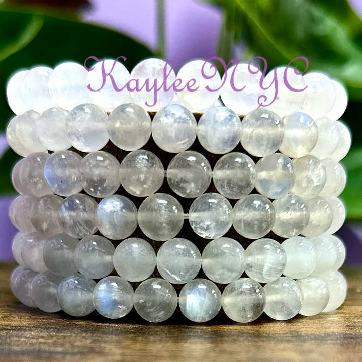 KayleeNYC – Pulseira de missangas por atacado – Pulseira Elástica de Cristal de Pedra da Lua Natural 8mm 19cm0