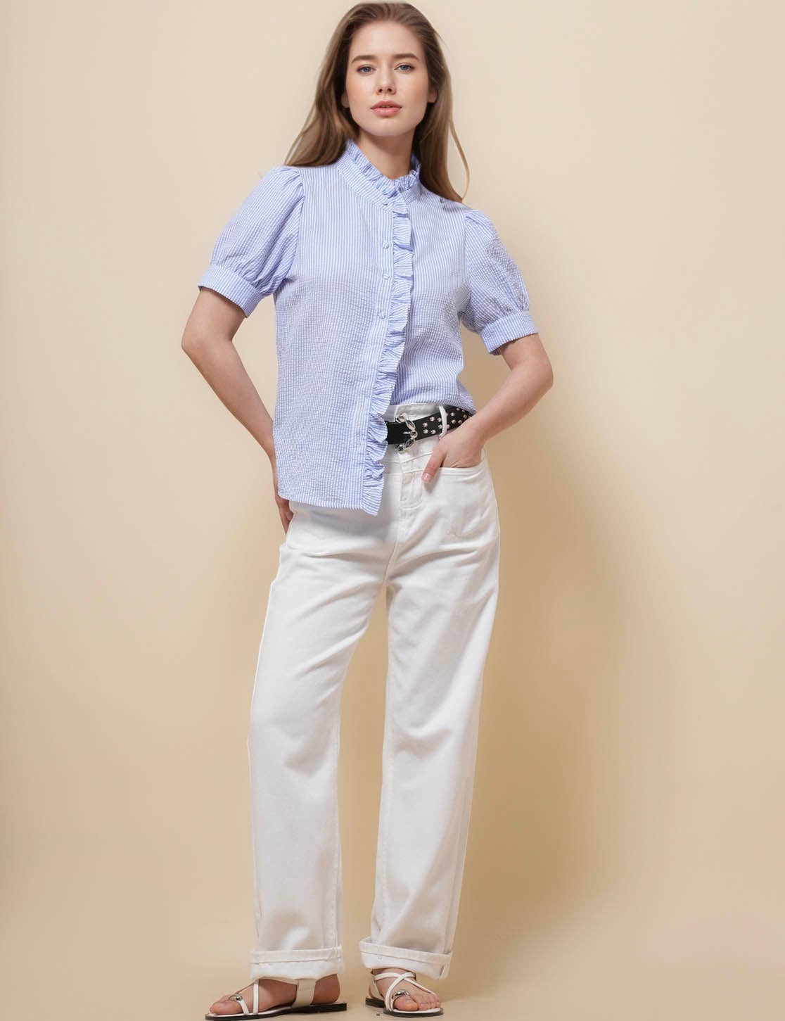 Sweetkama - Vendita all'ingrosso Camicia button down - Donna - Camicia a righe con maniche corte e collo arricciato da donna SKT510878