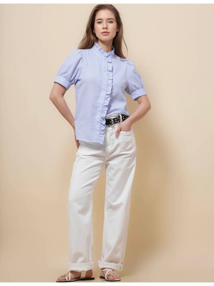 Sweetkama - Vendita all'ingrosso Camicia button down - Donna - Camicia a righe con maniche corte e collo arricciato da donna SKT510878