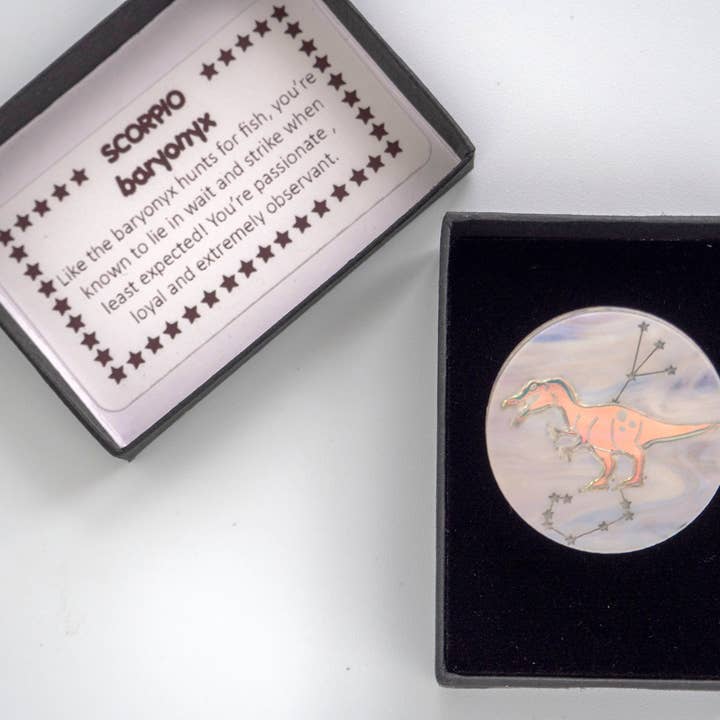 Alfinete SCORPIO baryonyx dinossauro dinossauro, crachá de horoscópio por atacado de designosaur