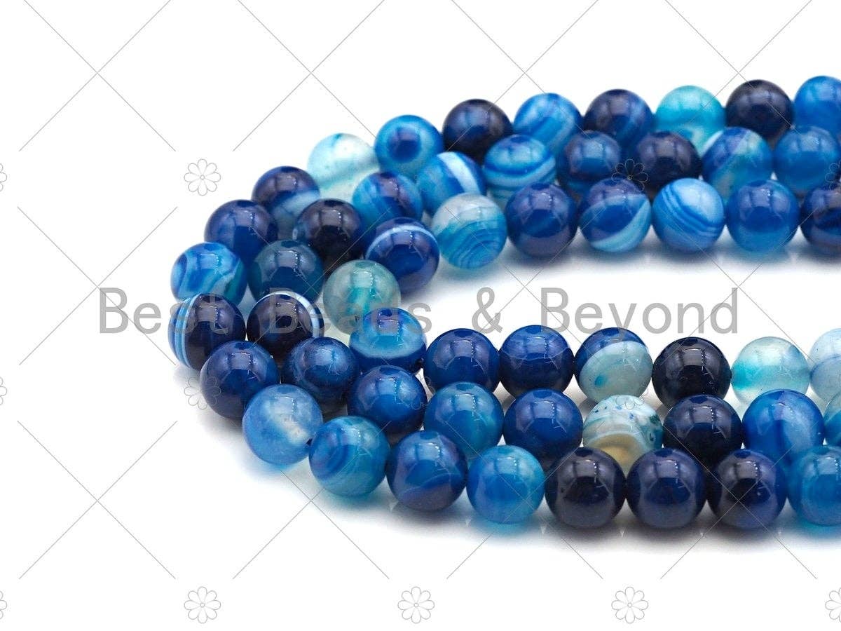 BestBeads&Beyond – wholesale Pärlor – Hög kvalitet Blå Banded Agate runda släta pärlor, 6mm/8mm/10mm/12mm Agat, Naturliga Blå Agate pärlor, 15.5"Full Strand, sku #UA1162