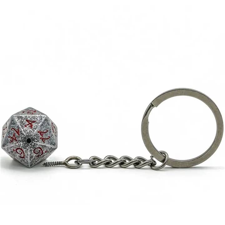 Tabletop Dominion Limited - Wholesale Keychain – Unisex - Keyring: Stone Effect Metal D20 Dice with Bloody Font D&D1