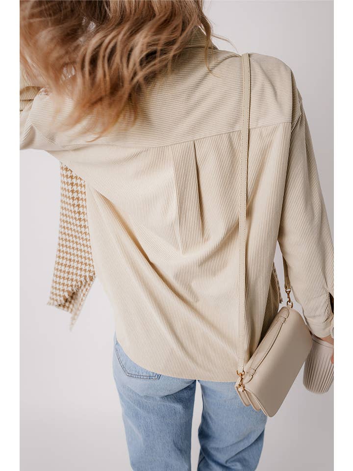 Parchment Houndstooth Corduroy Patchwork Flap Pocket Shacket for wholesale on Faire1