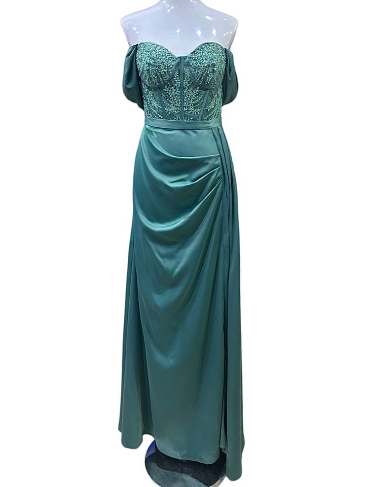 Abito da sera verde salvia con strass di alta gamma per la vendita all'ingrosso da parte di Les Voiliers
