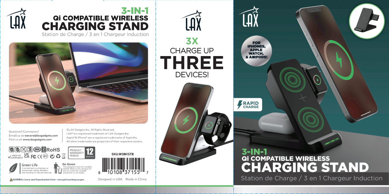 LAX Gadgets - Wholesale Charging Dock - Wireless 3in1 Charging Stand For Watch & AirPods Retail Pack7