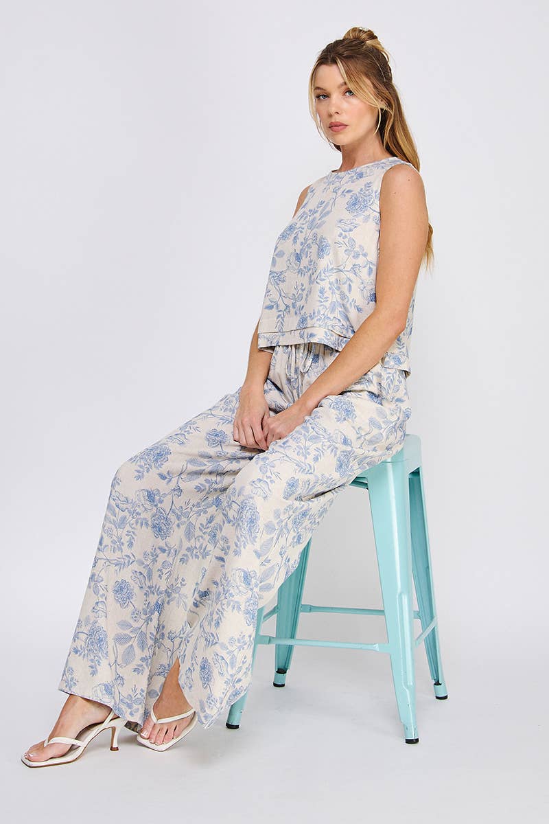 Fleur Bleue Pantalon large imprimé en lin doux avec ceinture élastique à nouer en vente sur Faire4