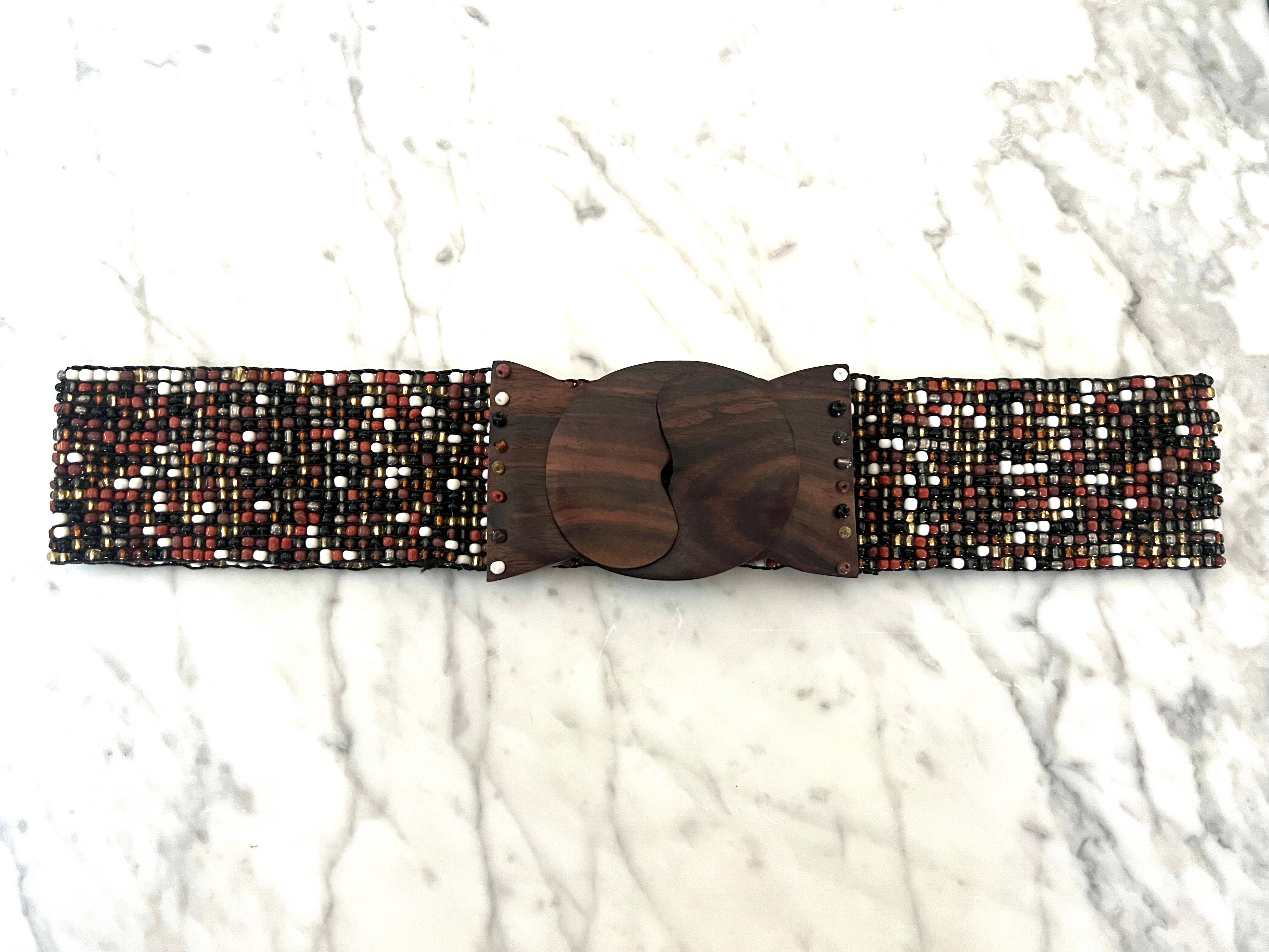 Erik & Mike – Cinto - Mulher por atacado – Cinto de contas de vidro com rolagem de madeira em Castanho Preto Branco Bronze2