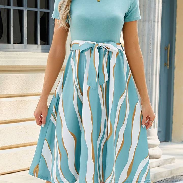 CREW NECK SPLICED PRINT SHORT SLEEVED SWING DRESS_CWDSD2793 for wholesale by Lily Clothing