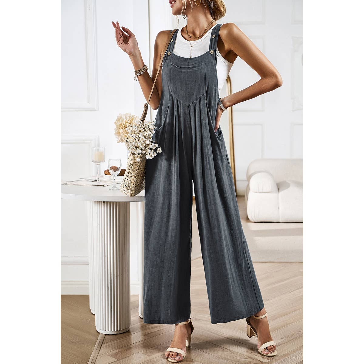 Supreme Fashion - Wholesale Overalls - Women's - Button Detail Wide Leg Overall Pockets Jumpsuit10