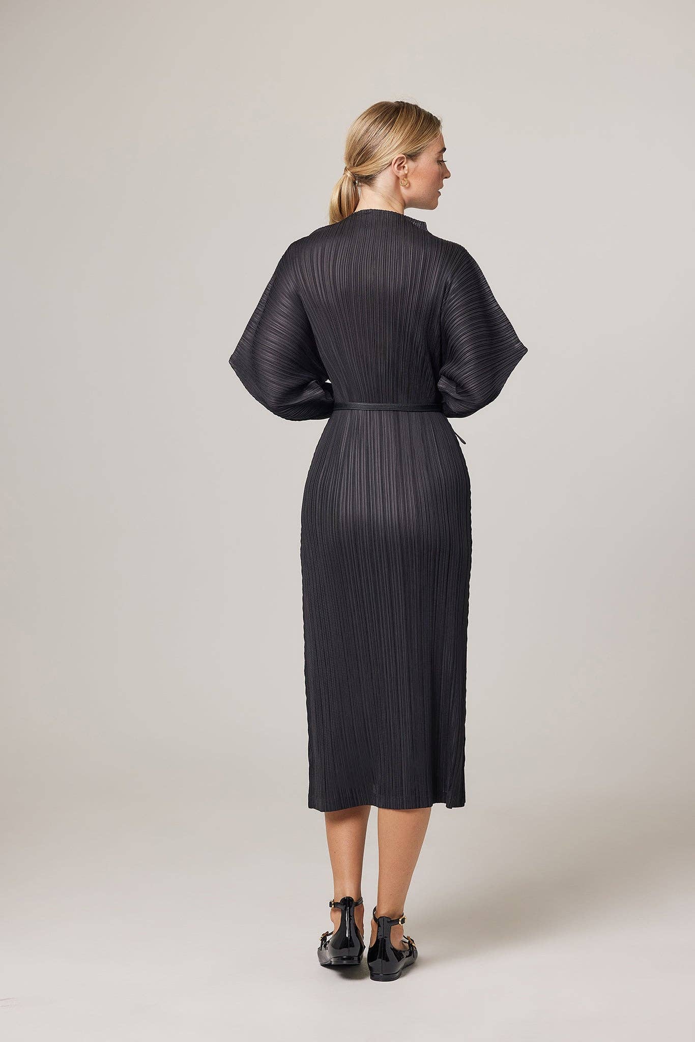 Black Hera Plissé Satin Sculpture Dress for wholesale on Faire6