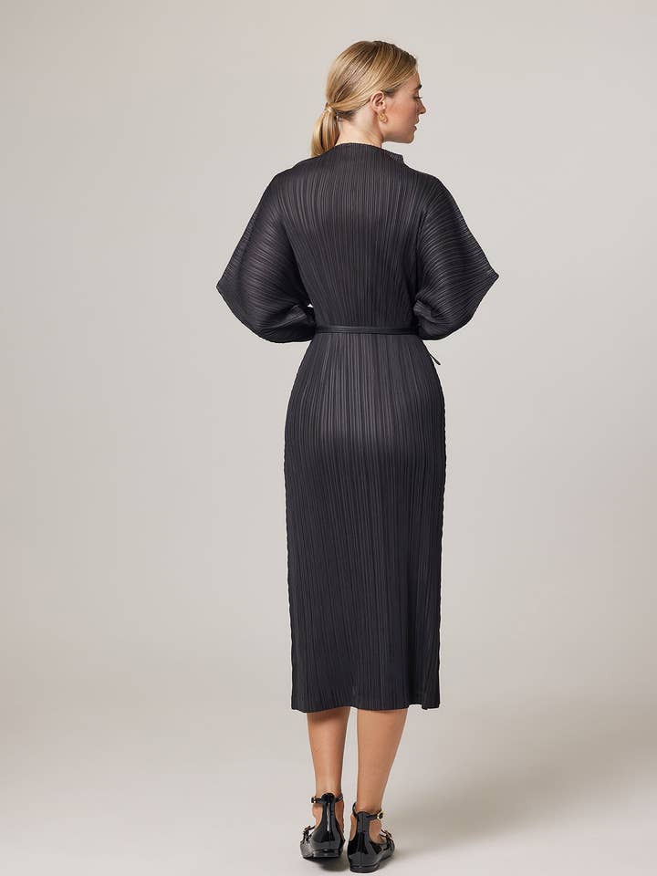 Black Hera Plissé Satin Sculpture Dress for wholesale on Faire6