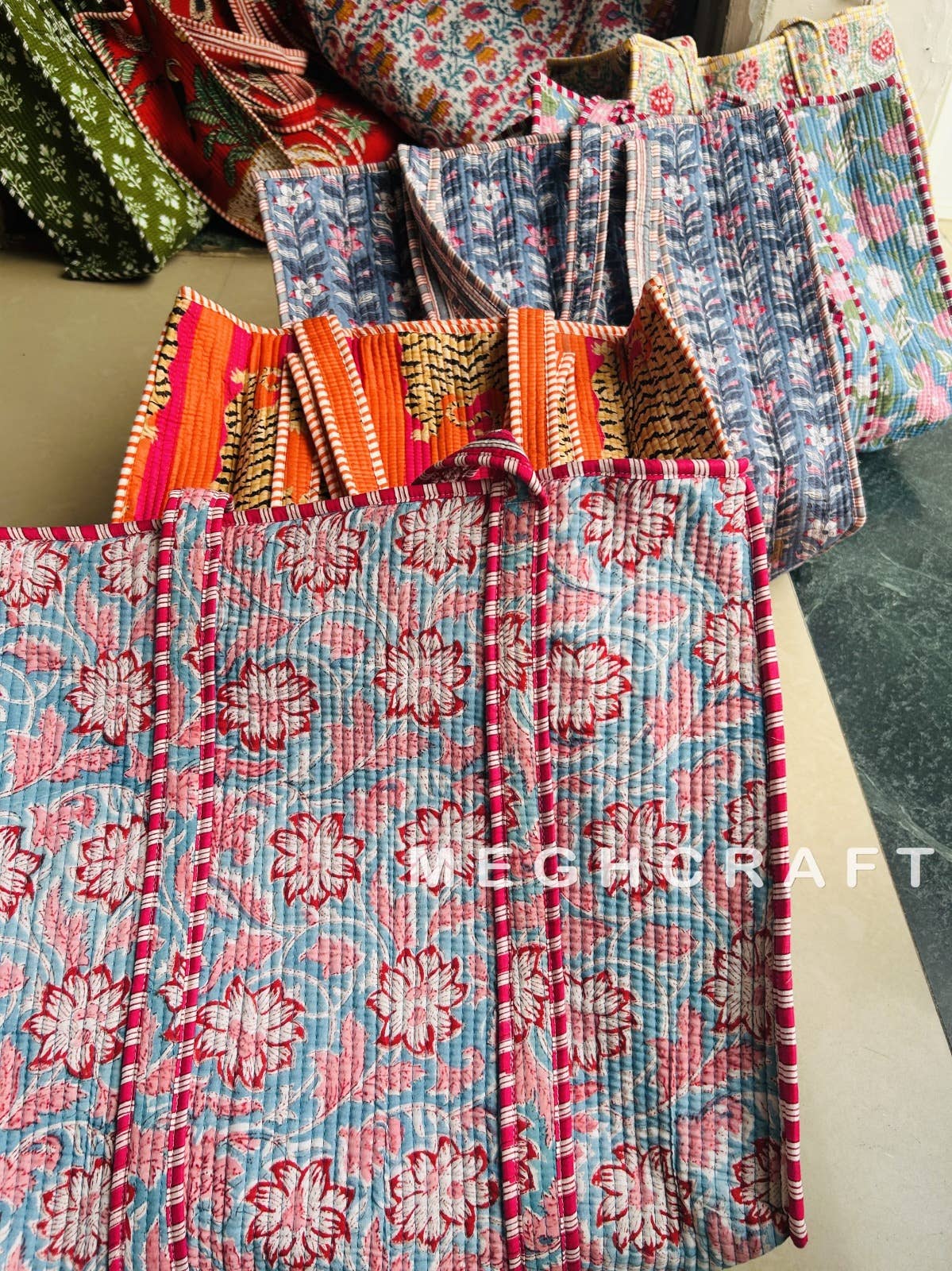 Meghcraft - Wholesale Tote Bag - Women's - Cotton Quilted Block Printed Tote Bag—Travel Bag | Beach Bag5