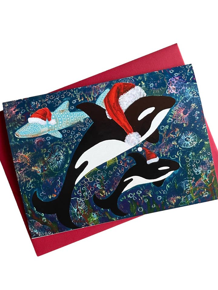 Biglietto di Auguri di Natale con Orca Artista dell'Oceano per la vendita all'ingrosso da parte di Art by Diana Comstock