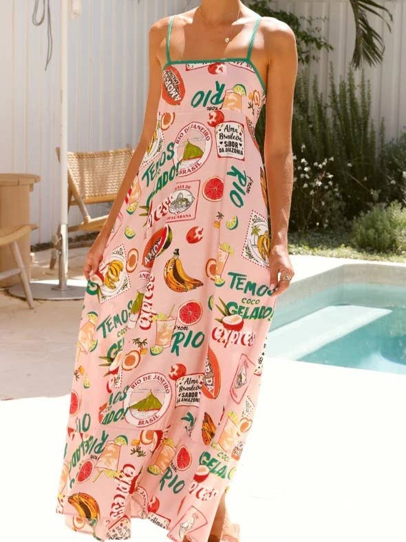 Pink 2025 Savanna Tropical Fruits print large swing flare dress for wholesale on Faire5