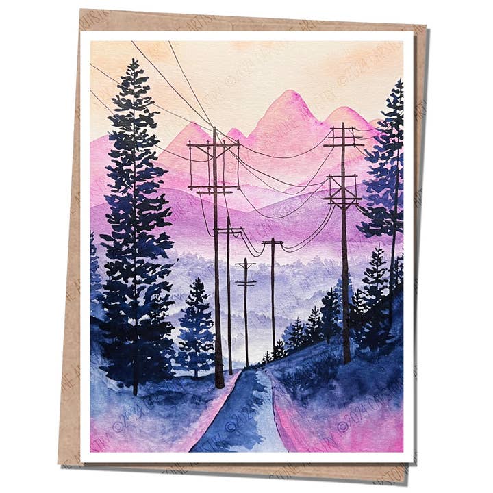Power Lines Lost Road Mountain A2 Greeting Card Blank Inside for wholesale by Capstone Artistry