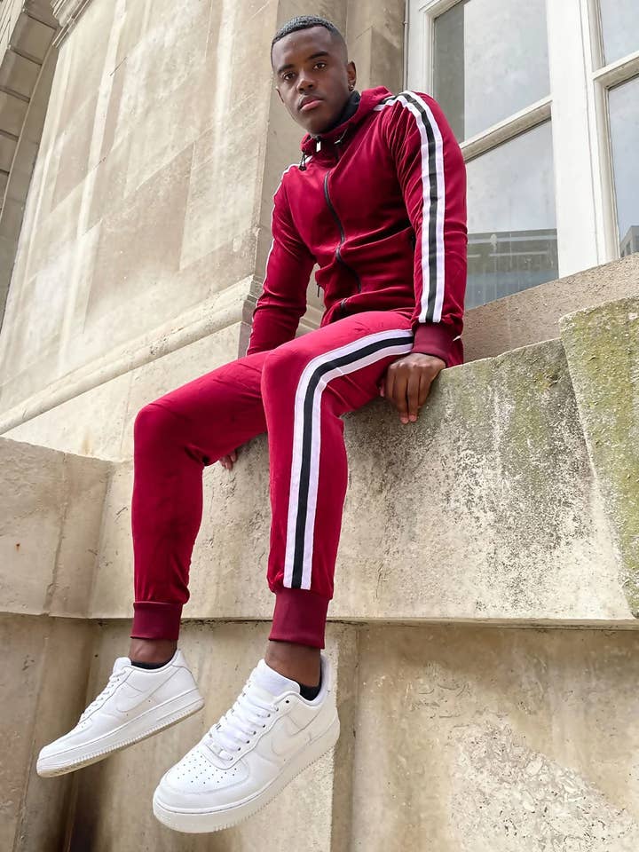 justyouroutfit – wholesale Tracksuit – Men′s – Mens Velvet Twin Side Stripe Hooded Skinny Fit Tracksuit1