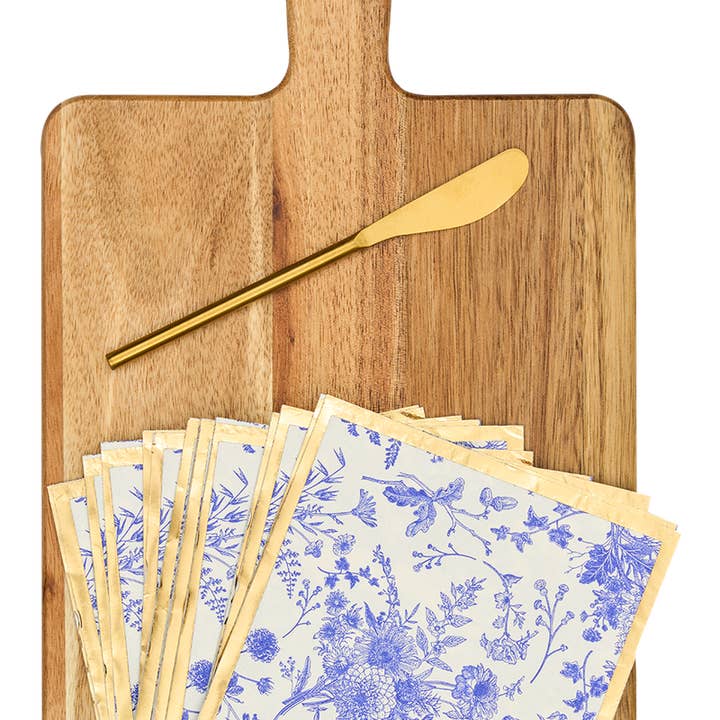 Sophistiplate - Wholesale Cheese Board - 14x8" Acacia Board w/ Handle Gold Spreader, Timeless Napkin1