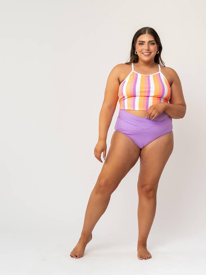 Geribbelde zwemtop met hoge taille en paars/oranje strepen voor wholesale door Coral Reef Swim
