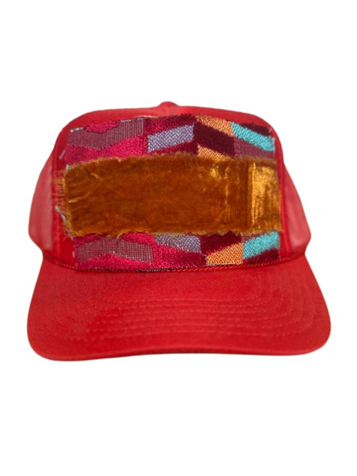 Sunset Trail Red Trucker Tapestry + Velvet Trim Hat for wholesale by Remnant