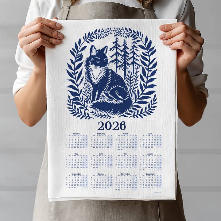 Torchon de cuisine en lin - Calendrier 2026 Renard dans la forêt pour la vente par NorraVilla