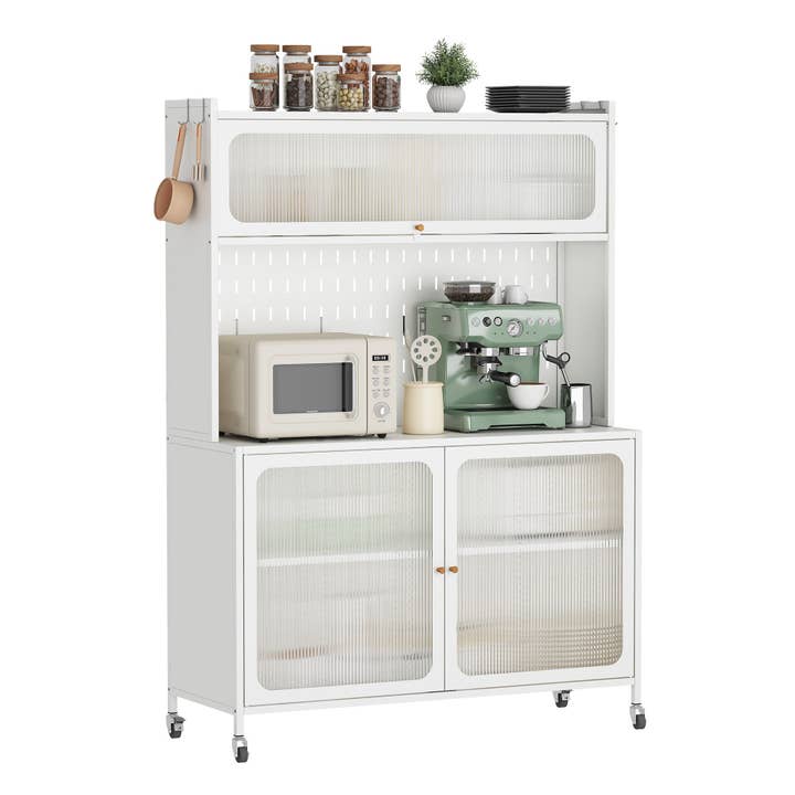 Kitchen Pantry Cabinet, Glass Doors, White Steel for wholesale by HOMYCASA DESIGN INC