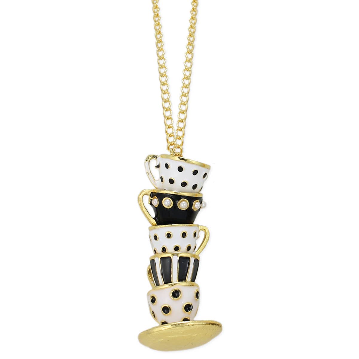 ZAD - Wholesale Pendant/Charm Necklace - Mad Hatter Black Teacup Stack Gold Necklace1