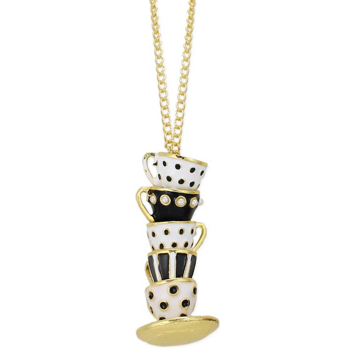 ZAD - Wholesale Pendant/Charm Necklace - Mad Hatter Black Teacup Stack Gold Necklace1