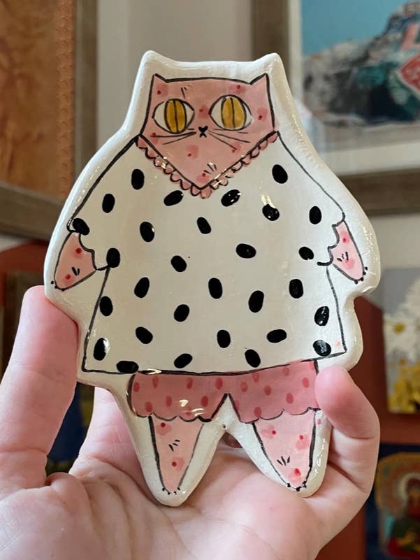 Barb The Pink Cat In Black and White polkadot Moomoo Dress for wholesale by By Bianca Rae