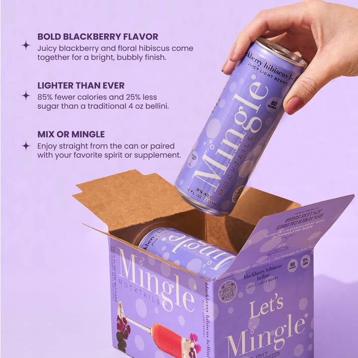 Mingle Mocktails - Wholesale Non-Alcoholic Aperitif/Mocktail - Blackberry Hibiscus Bellini 24 Pack (6x 4 12oz Pack Cartons)
