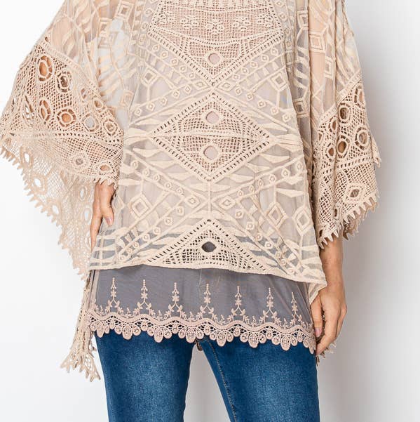Ornate Crochet Poncho Top With Geometric Embroidered Details -1139 TAUPE for wholesale by Origami Apparel ~ Lace and Crochet inspired