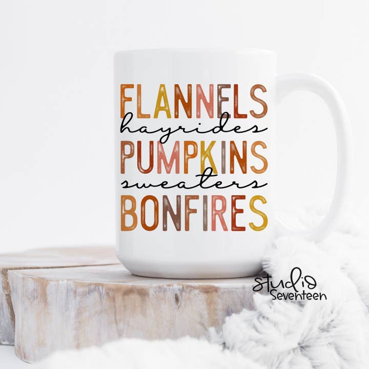 Autumn Mug with Quote Flannels, Pumpkins, Hayrides, Sweaters, Bonfires for wholesale by Studio Seventeen