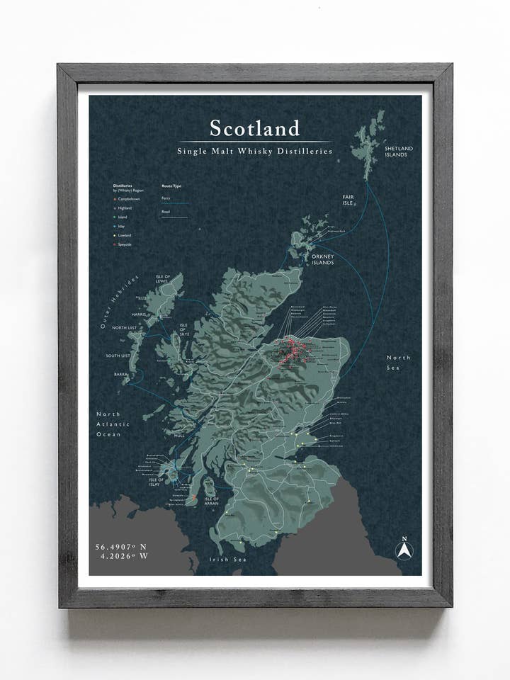 Matte Scotland Whisky Distillery Map for wholesale by Slanjj Ltd