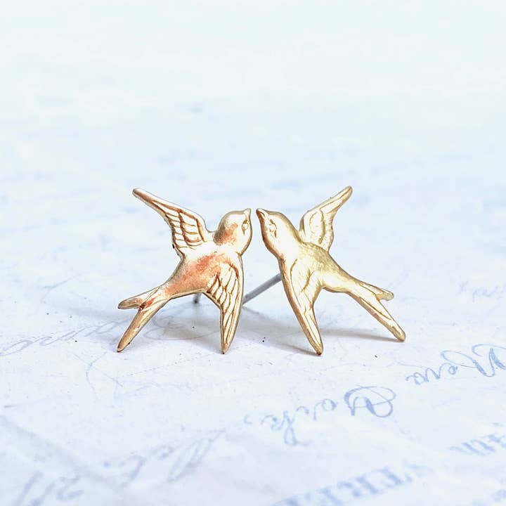 Red Truck Designs - Wholesale Stud/Post Earrings - Gold Bird Stud Earrings Bird Earrings Flying Sparrow1