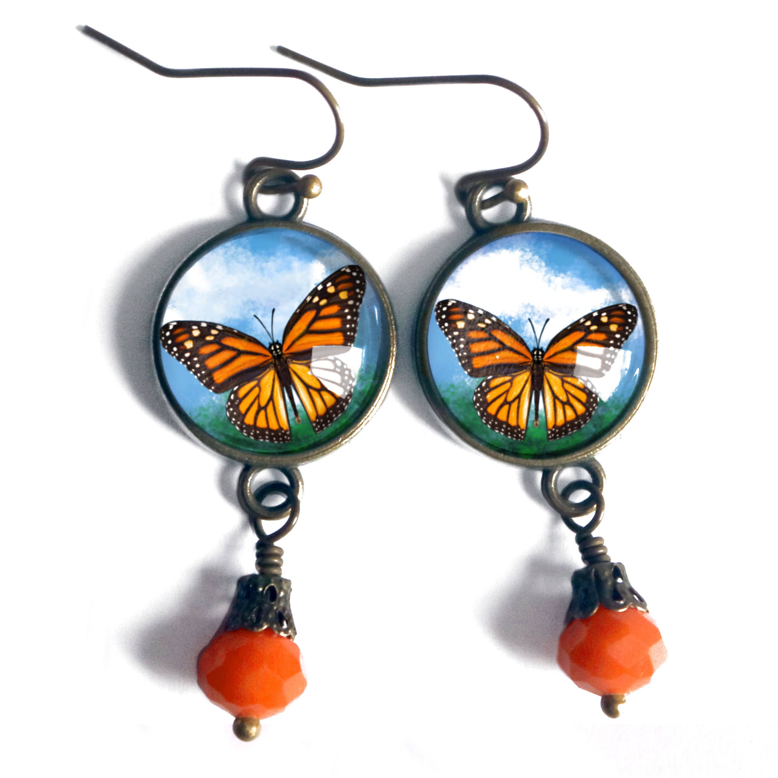 The Divine Iguana - Wholesale Dangle Earrings - Monarch Butterfly Glass Cabochon and Bronze Earrings3