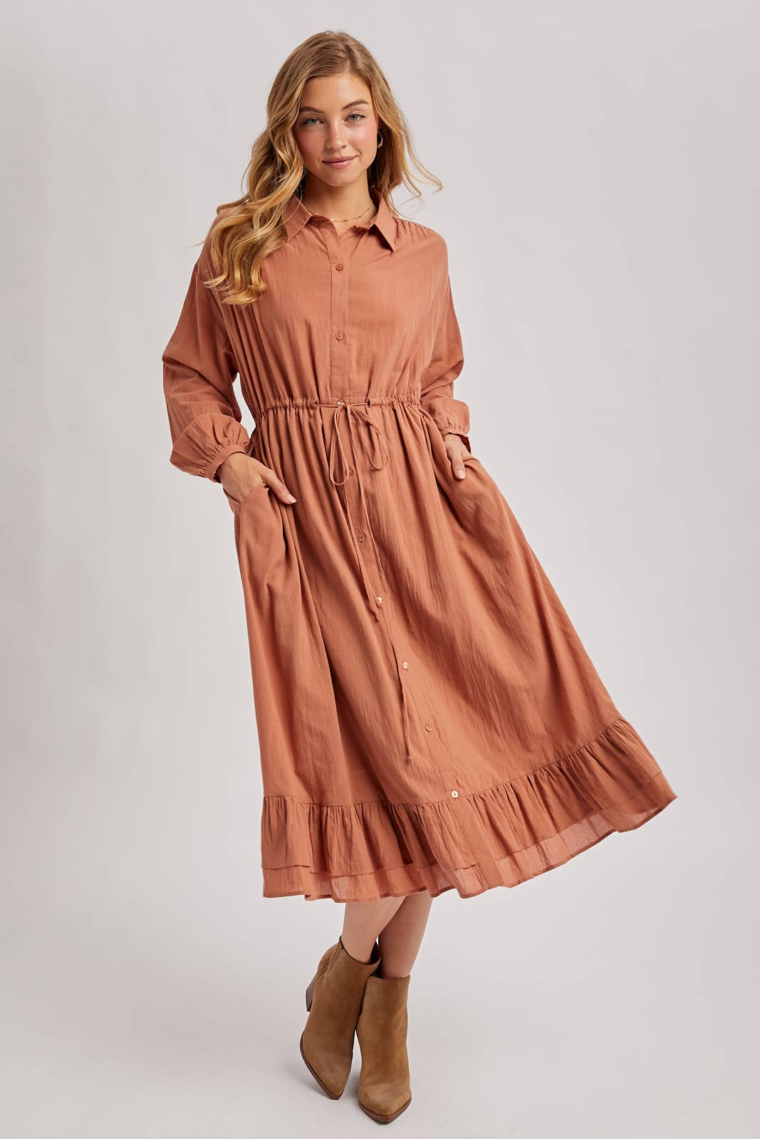 Bluivy - Wholesale Dress - Women's - RUFFLED MIDI OPEN DUSTER OR SHIRT DRESS1