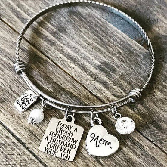 Mother of the Groom Heart Charm Bridal Mom Bangle Bracelet for wholesale by M.Ree Jewels Creative