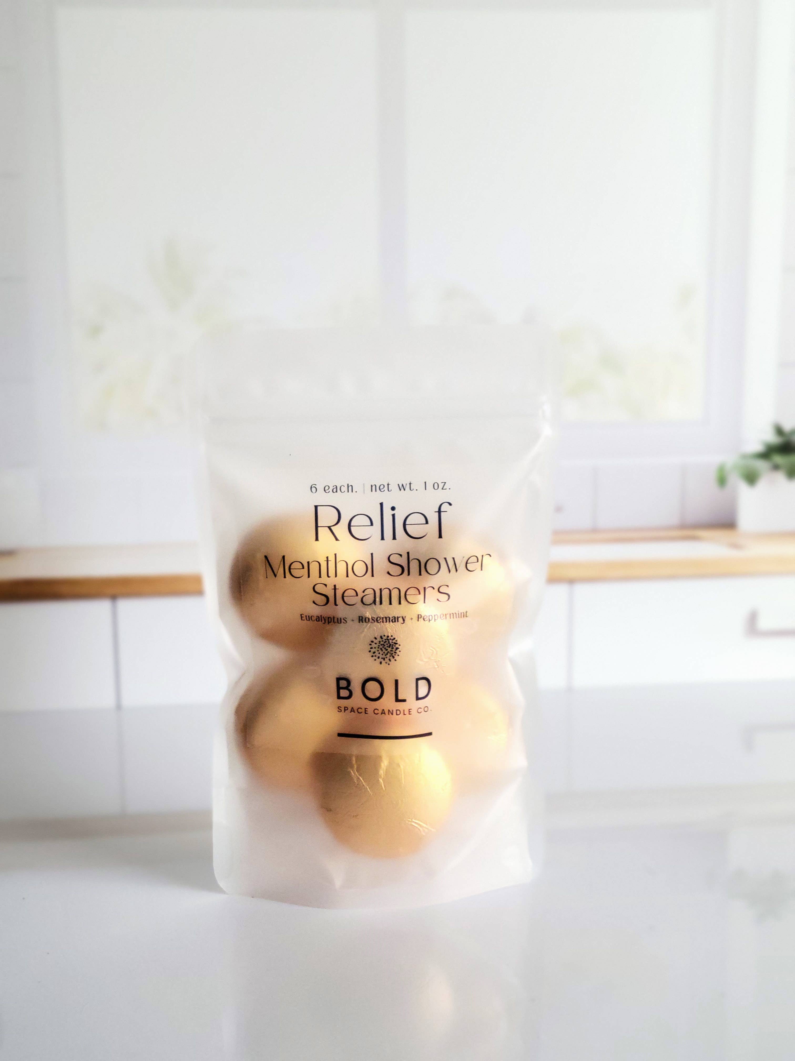 Bold Space Candle Co. - Vendita all'ingrosso Bombe/Compresse vaporizzanti da doccia - Relief – Pastiglie per doccia al mentolo con eucalipto e rosmarino - confezione da 63