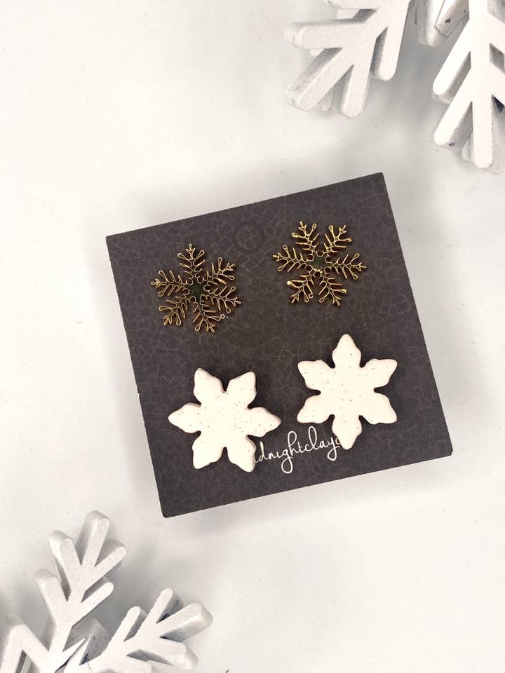 snowflake studs, christmas earrings, winter jewelry, set for wholesale by midnightclayco