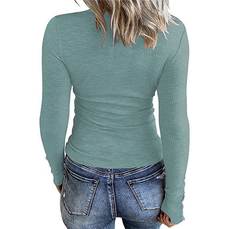 kycozy – Großhandel Strickoberteil – Damen – Einfarbiges, hohles, geripptes T-Shirt-Oberteil mit V-Ausschnitt und langen Ärmeln3