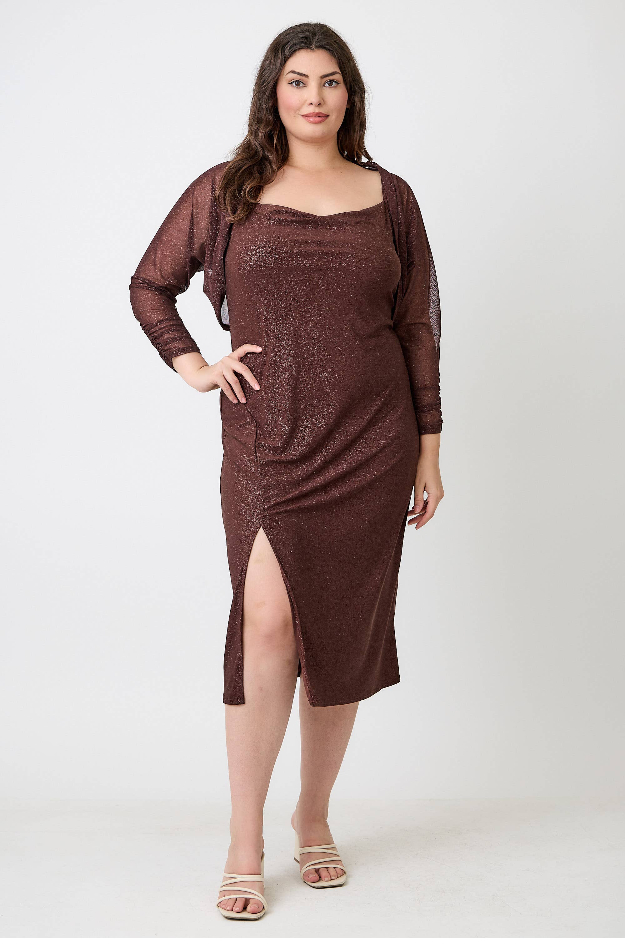 Haute Fox Plus Size & Contemporary - Wholesale Dress - Women's - Plus Size Shimmer Midi Dress with Front Slit JK18749-D15