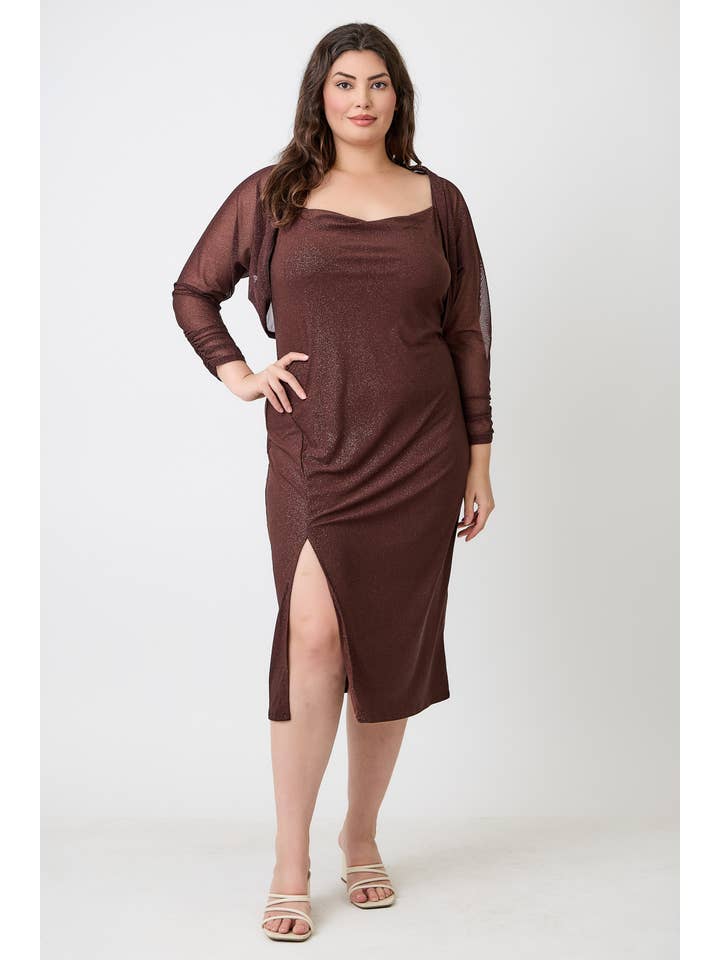 Haute Fox Plus Size & Contemporary - Wholesale Dress - Women's - Plus Size Shimmer Midi Dress with Front Slit JK18749-D15