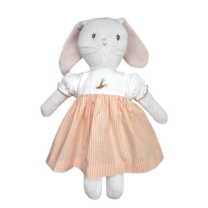Knit Bunny Doll with Embroidered Carrot Dress for wholesale by Petit Ami & Zubels