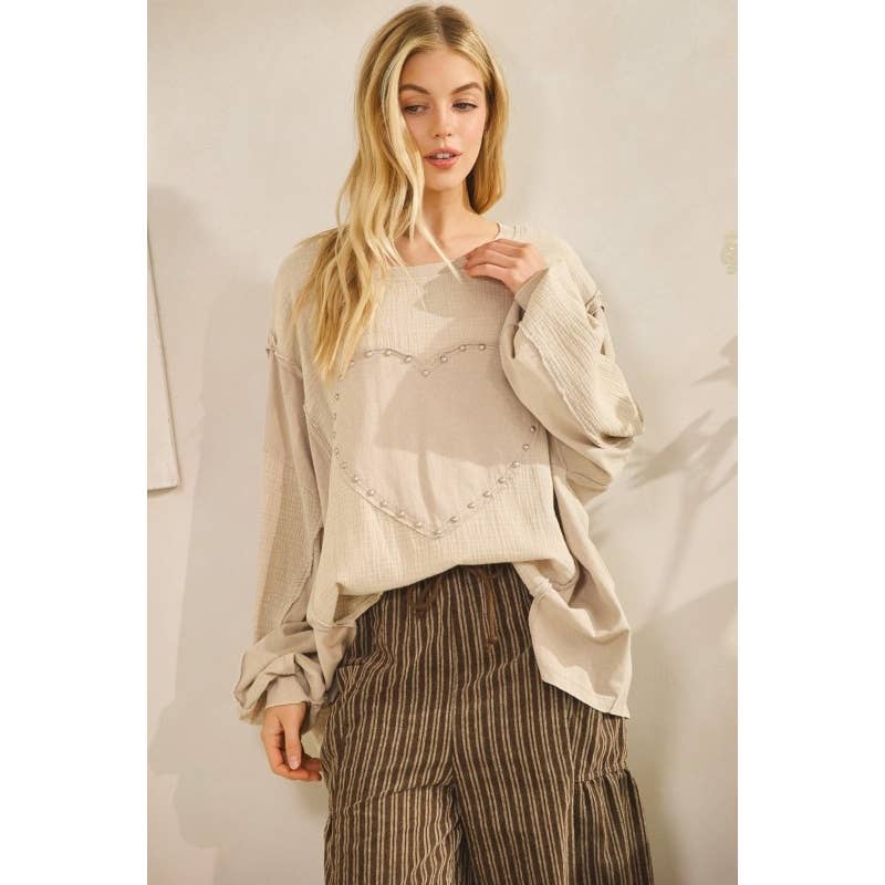 GRAY Studded Heart Patch Top for wholesale on Faire1